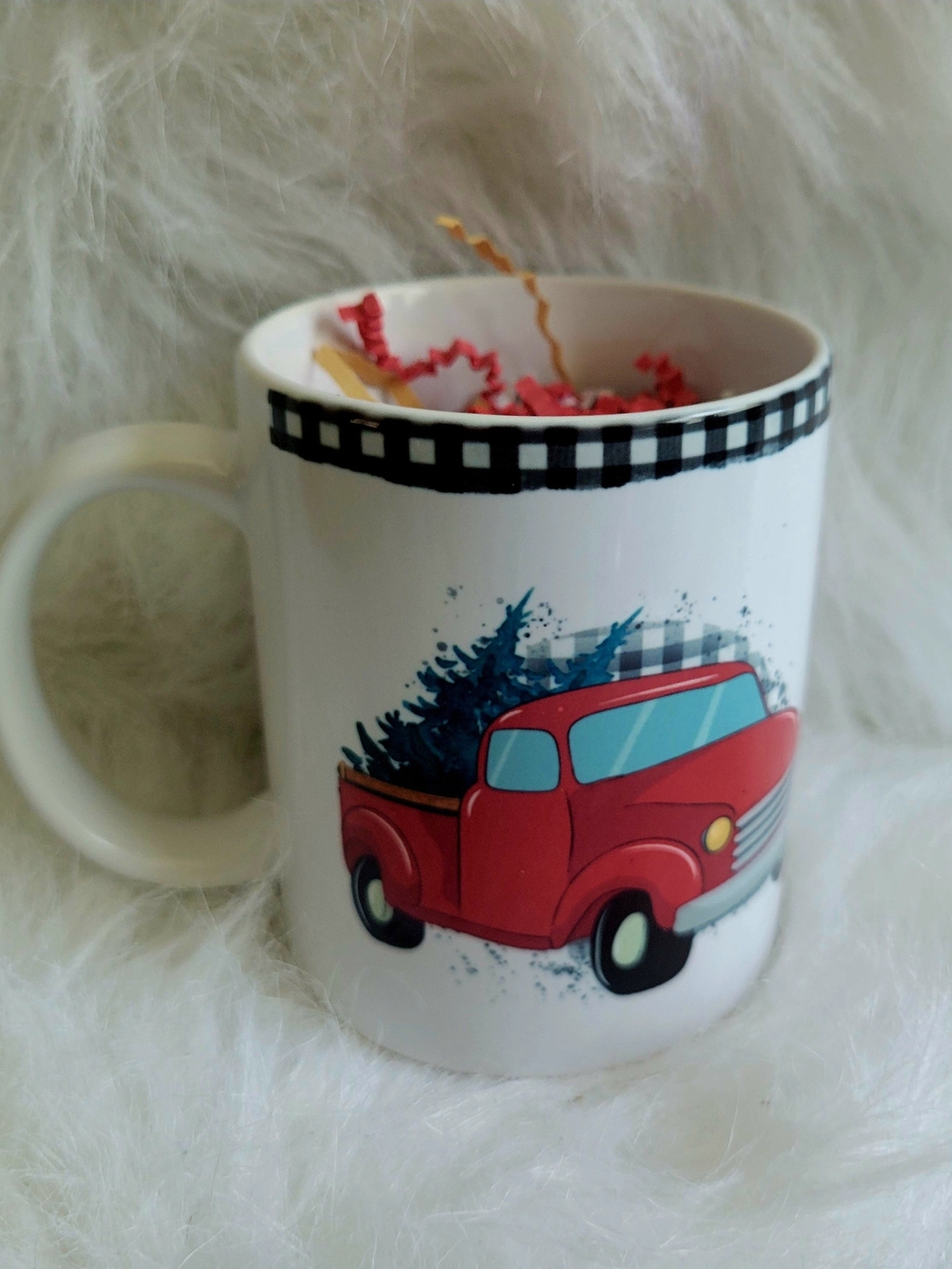 White Mug with Red Truck Holiday Print - Unbranded